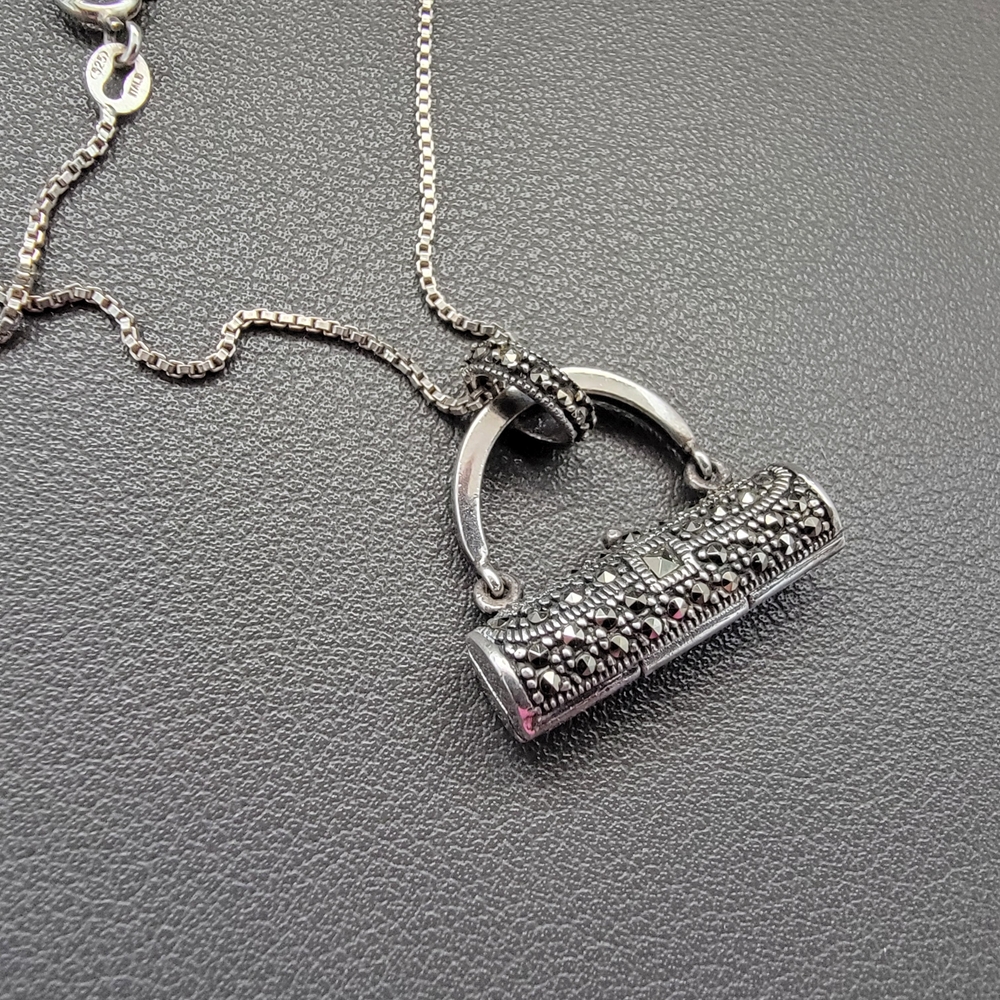 925 Marcasite Purse Pendant Necklace | 925 Italy Chain | Hinged Openwork Design